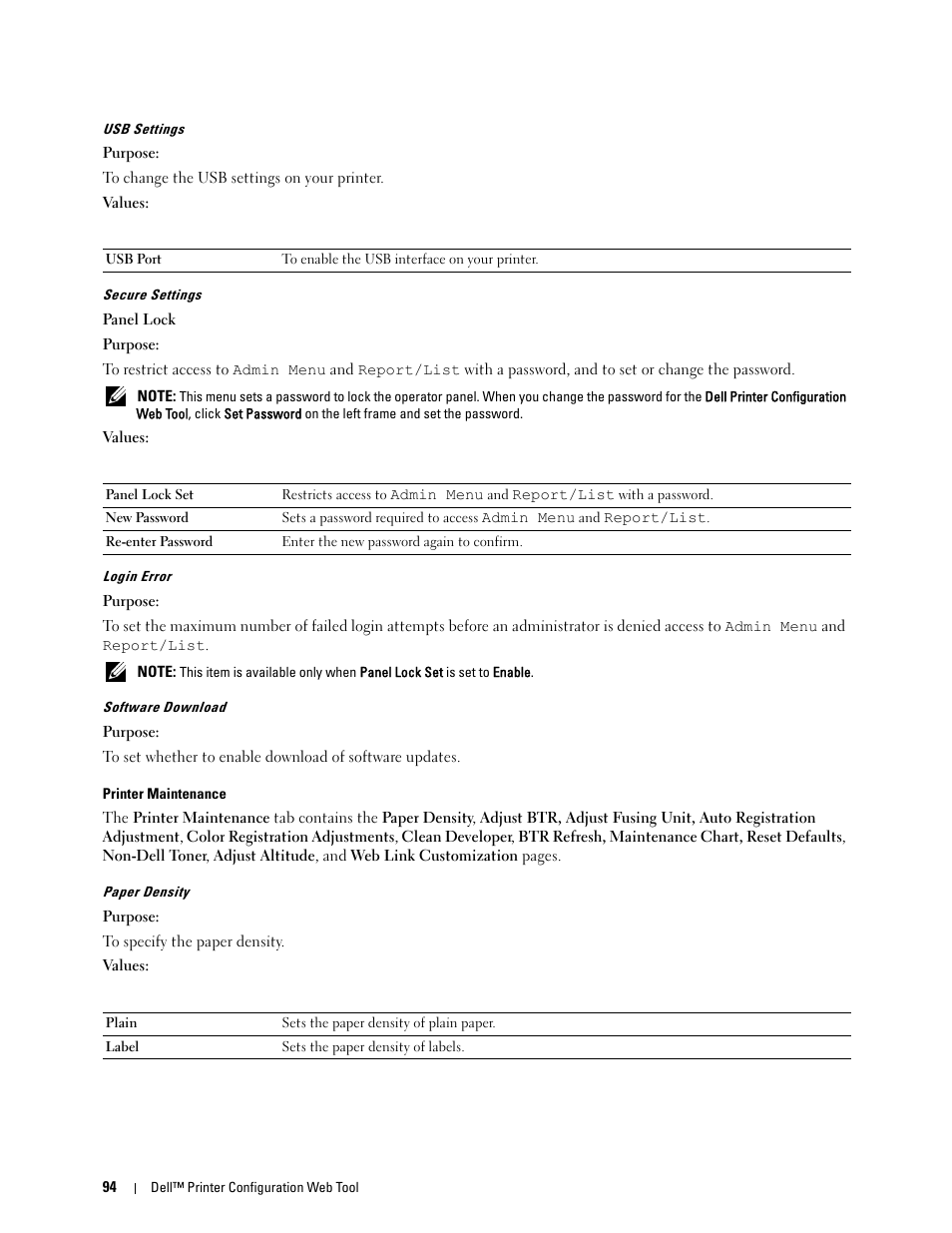 Usb settings" "secure settings, Printer maintenance, Paper density | Dell C1760NW Color Laser Printer User Manual | Page 96 / 240