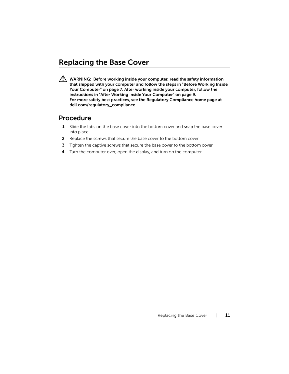 Replacing the base cover, Procedure | Dell Inspiron 15 (7537, Mid 2013) User Manual | Page 11 / 71