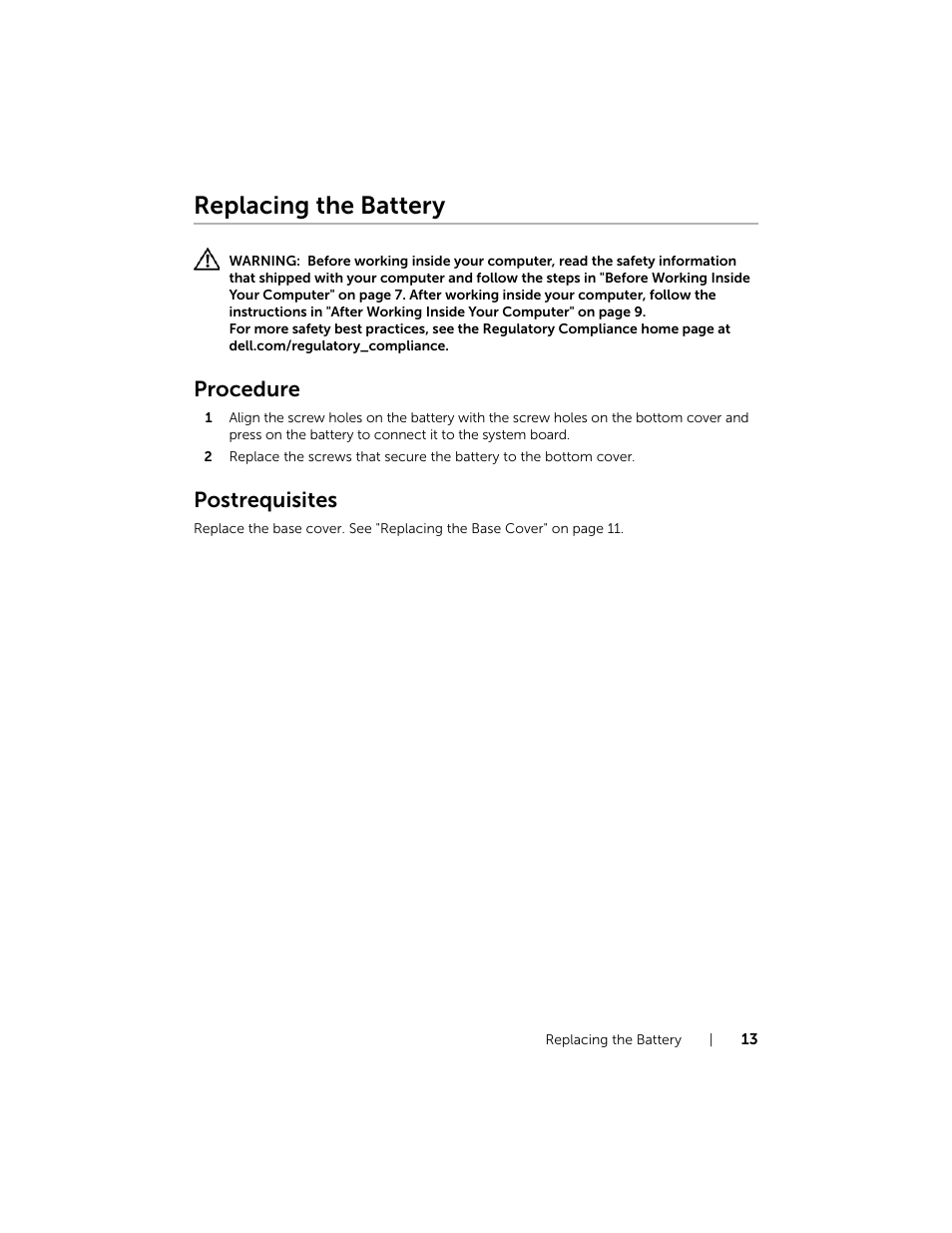 Replacing the battery, Procedure, Postrequisites | Dell Inspiron 15 (7537, Mid 2013) User Manual | Page 13 / 71