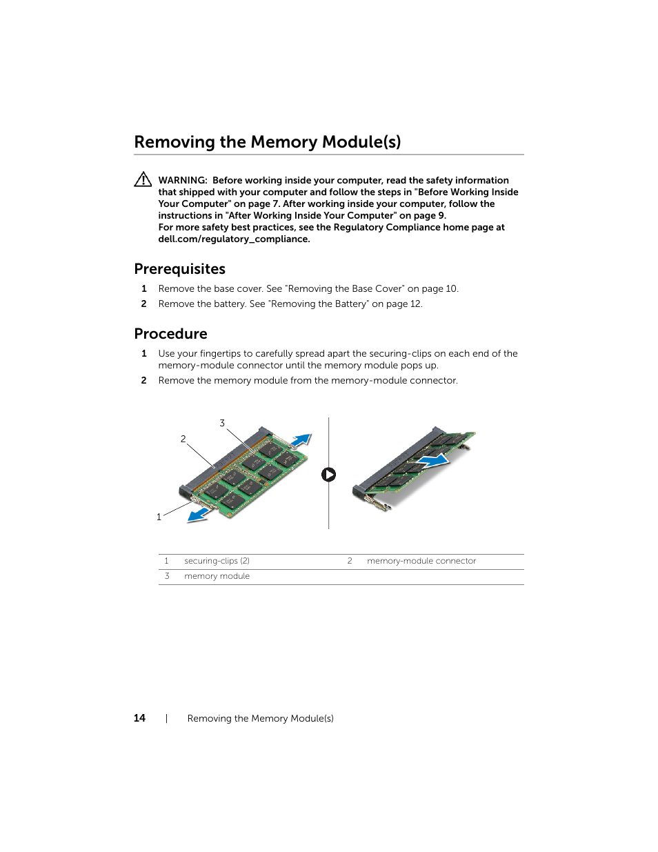 Removing the memory module(s), Prerequisites, Procedure | Dell Inspiron 15 (7537, Mid 2013) User Manual | Page 14 / 71