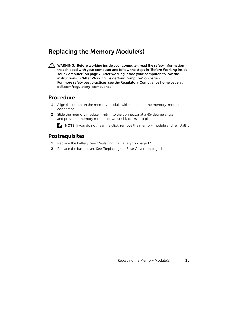 Replacing the memory module(s), Procedure, Postrequisites | Dell Inspiron 15 (7537, Mid 2013) User Manual | Page 15 / 71