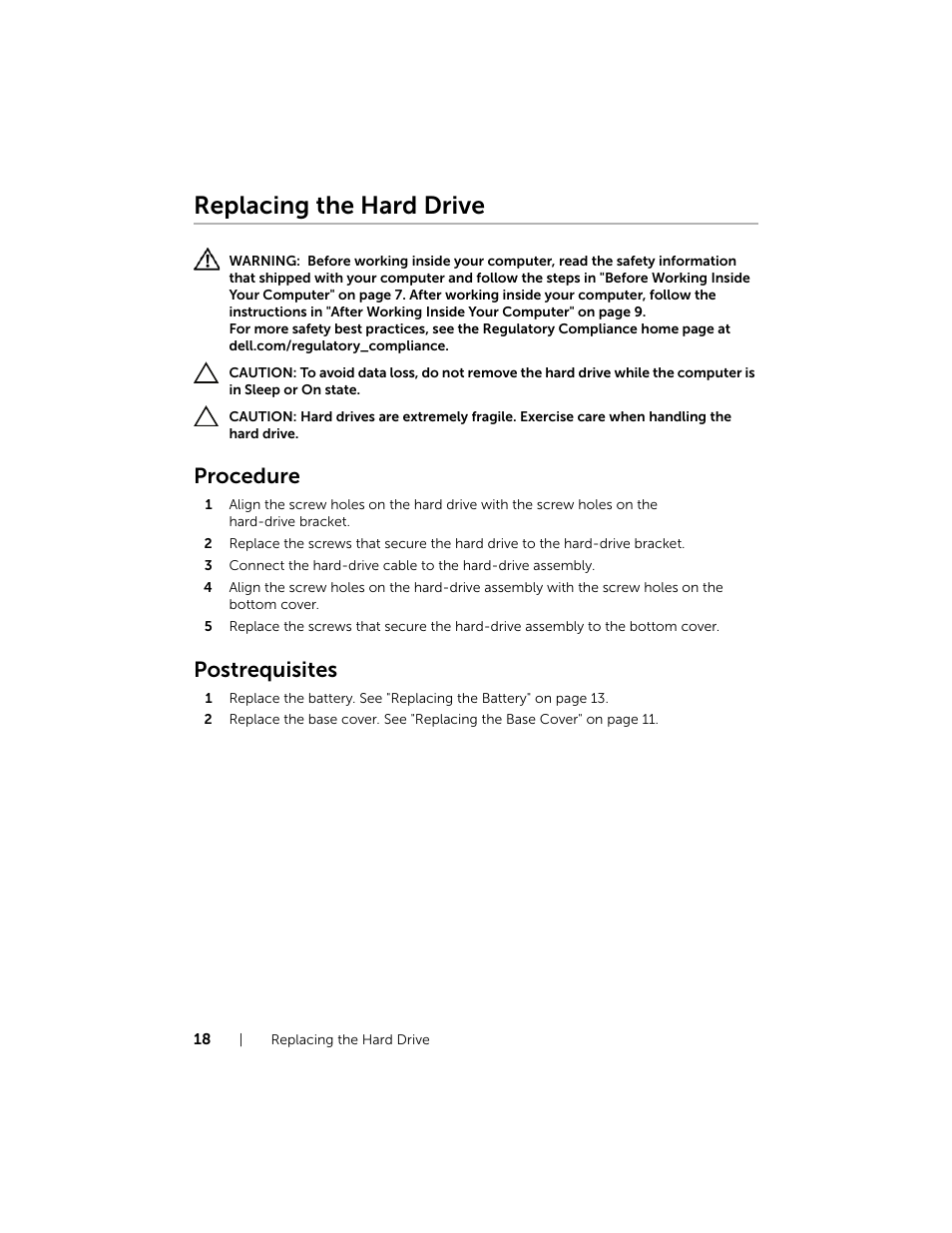 Replacing the hard drive, Procedure, Postrequisites | Dell Inspiron 15 (7537, Mid 2013) User Manual | Page 18 / 71