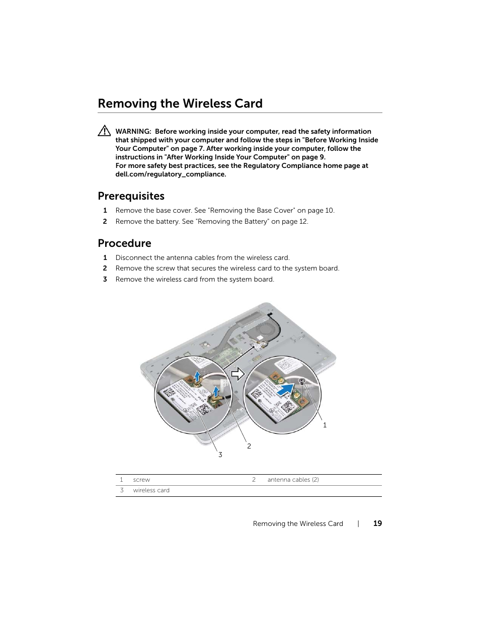 Removing the wireless card, Prerequisites, Procedure | Dell Inspiron 15 (7537, Mid 2013) User Manual | Page 19 / 71