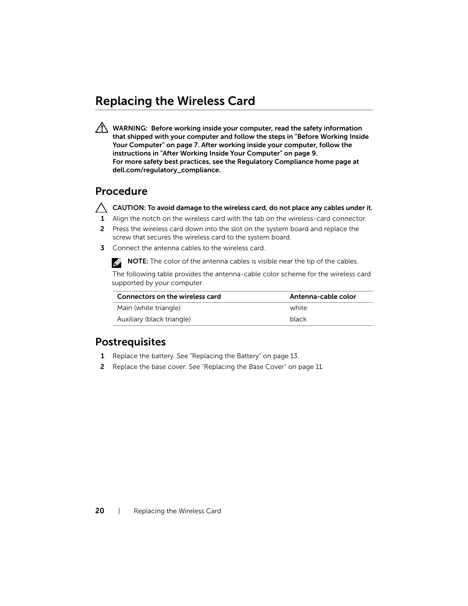 Replacing the wireless card, Procedure, Postrequisites | Dell Inspiron 15 (7537, Mid 2013) User Manual | Page 20 / 71