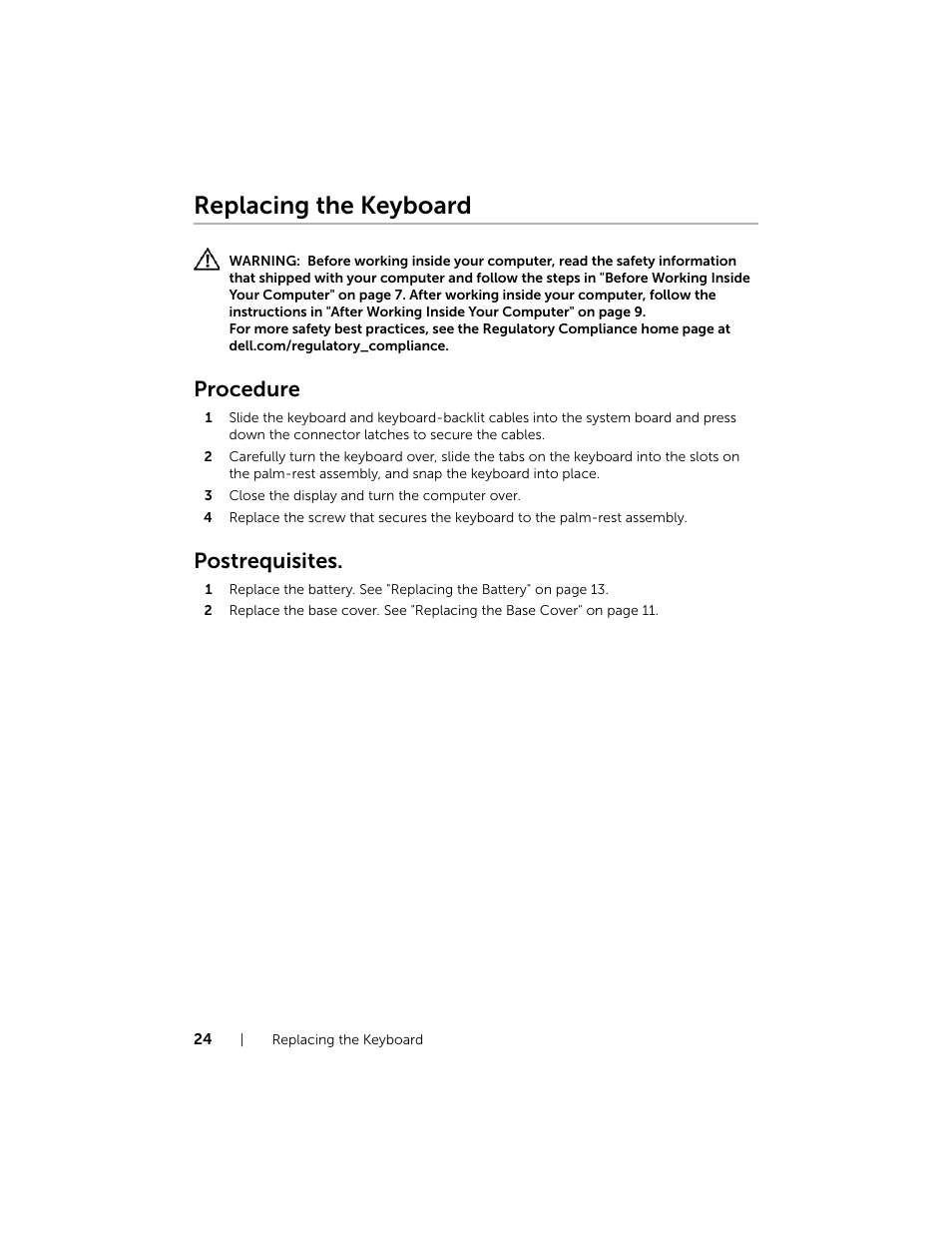 Replacing the keyboard, Procedure, Postrequisites | Dell Inspiron 15 (7537, Mid 2013) User Manual | Page 24 / 71