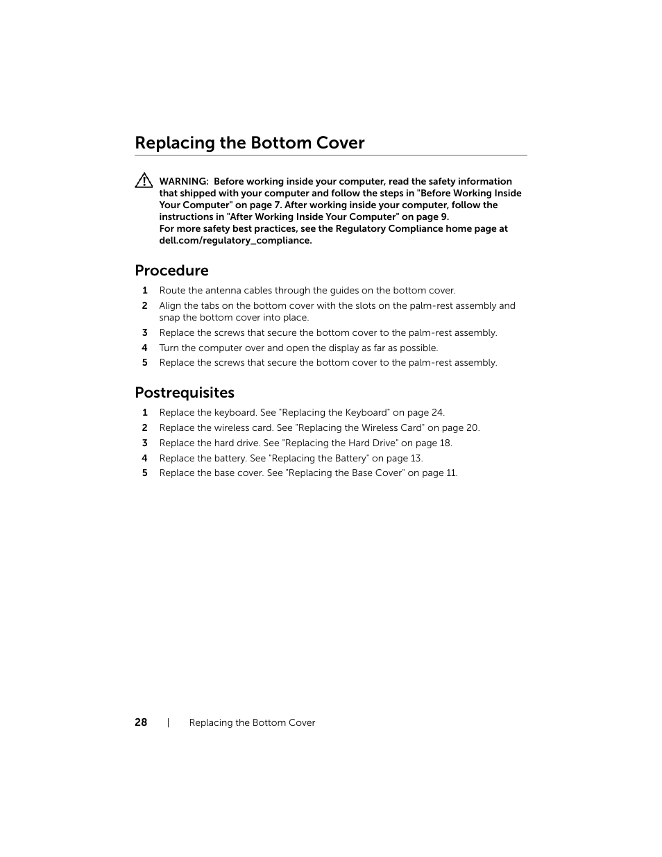 Replacing the bottom cover, Procedure, Postrequisites | Dell Inspiron 15 (7537, Mid 2013) User Manual | Page 28 / 71