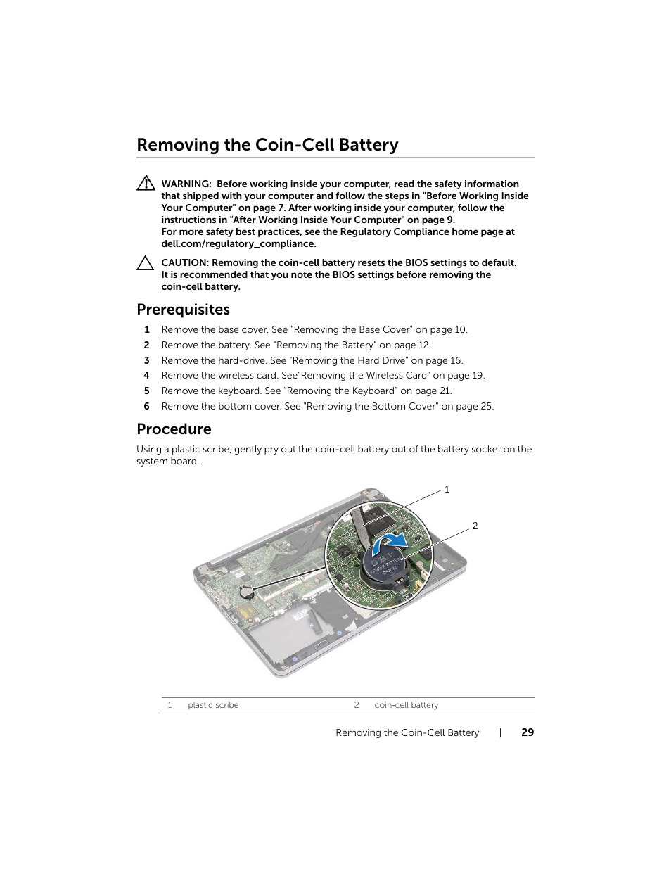 Removing the coin-cell battery, Prerequisites, Procedure | Dell Inspiron 15 (7537, Mid 2013) User Manual | Page 29 / 71