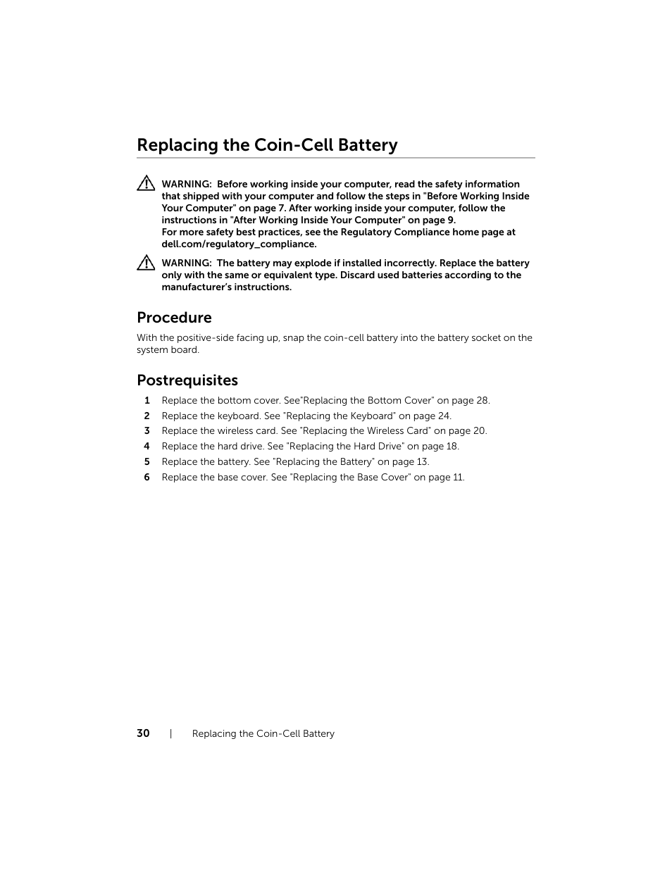 Replacing the coin-cell battery, Procedure, Postrequisites | Dell Inspiron 15 (7537, Mid 2013) User Manual | Page 30 / 71