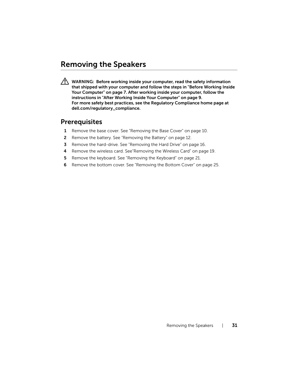 Removing the speakers, Prerequisites | Dell Inspiron 15 (7537, Mid 2013) User Manual | Page 31 / 71