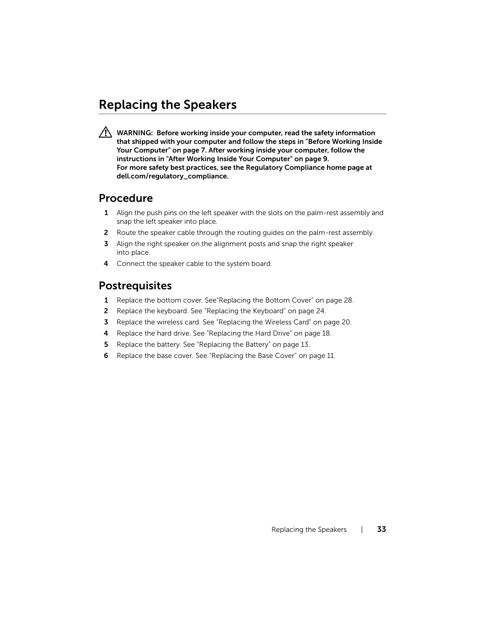 Replacing the speakers, Procedure, Postrequisites | Dell Inspiron 15 (7537, Mid 2013) User Manual | Page 33 / 71