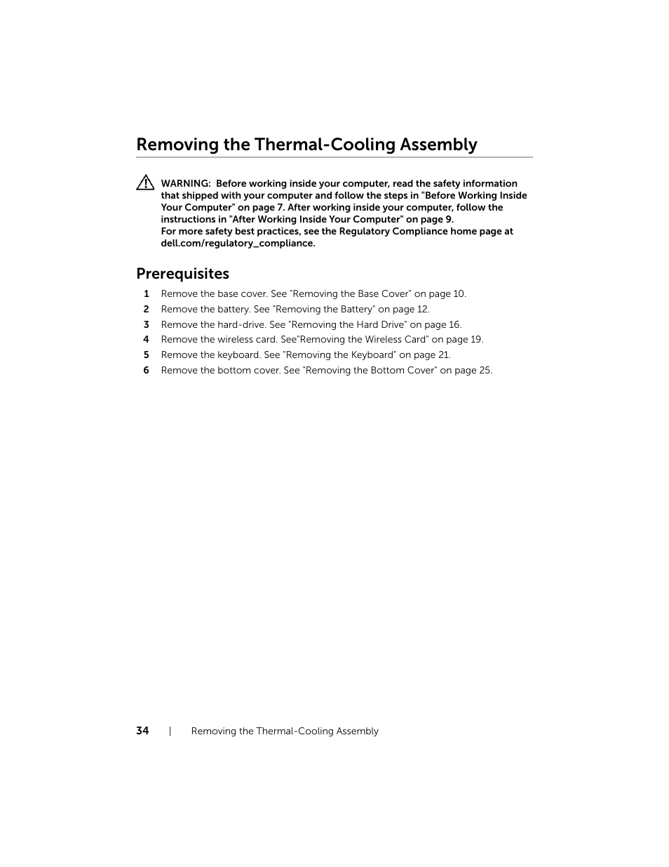 Removing the thermal-cooling assembly, Prerequisites | Dell Inspiron 15 (7537, Mid 2013) User Manual | Page 34 / 71