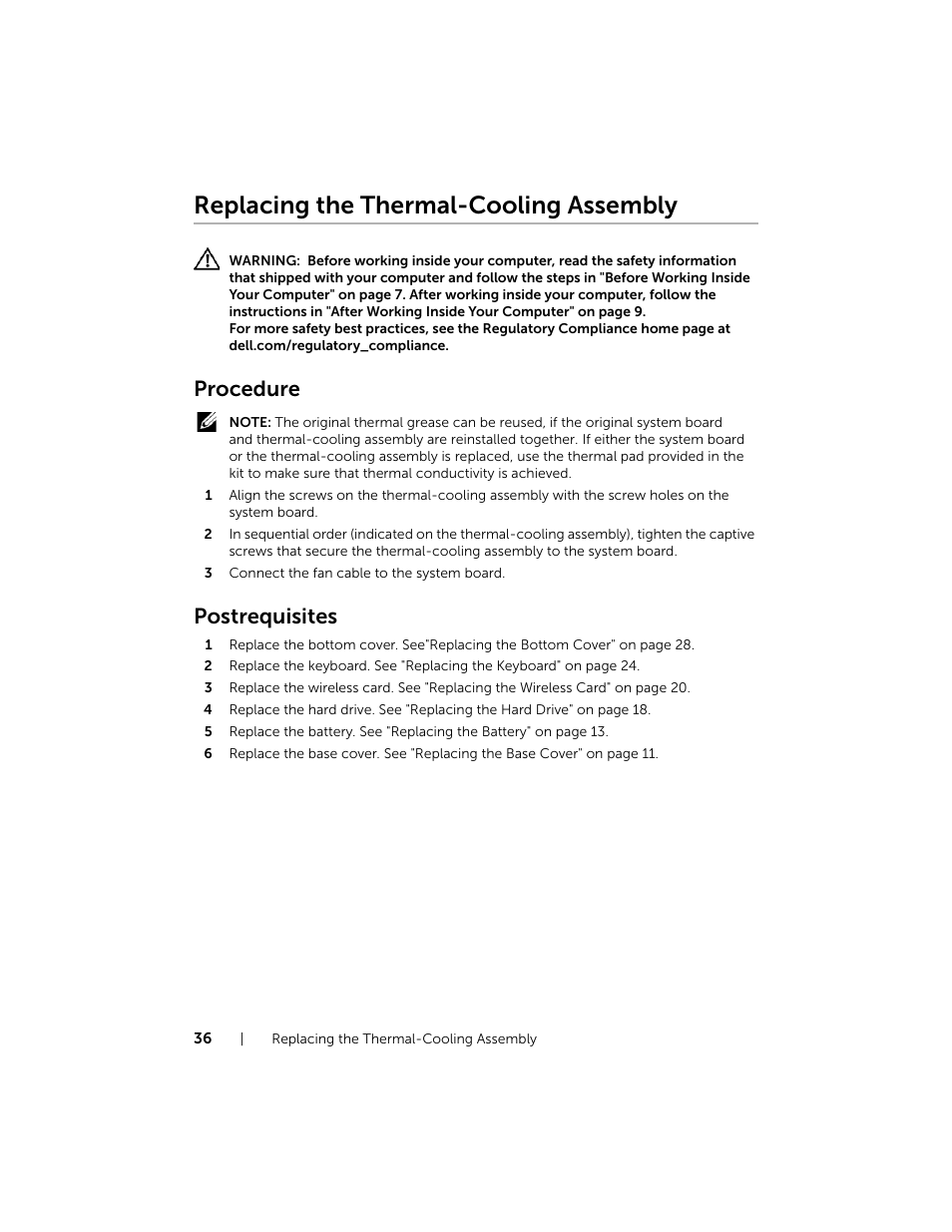 Replacing the thermal-cooling assembly, Procedure, Postrequisites | Dell Inspiron 15 (7537, Mid 2013) User Manual | Page 36 / 71