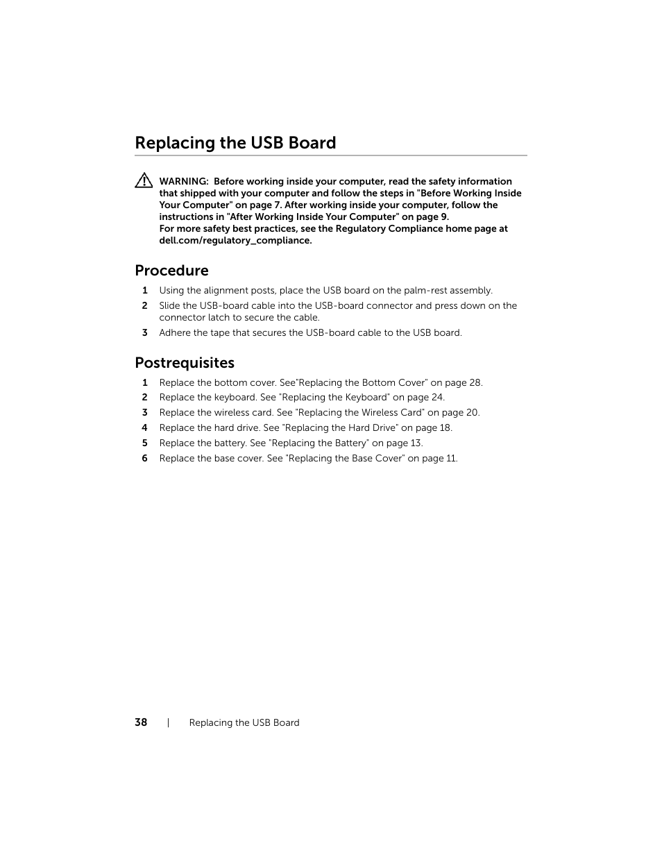 Replacing the usb board, Procedure, Postrequisites | Dell Inspiron 15 (7537, Mid 2013) User Manual | Page 38 / 71