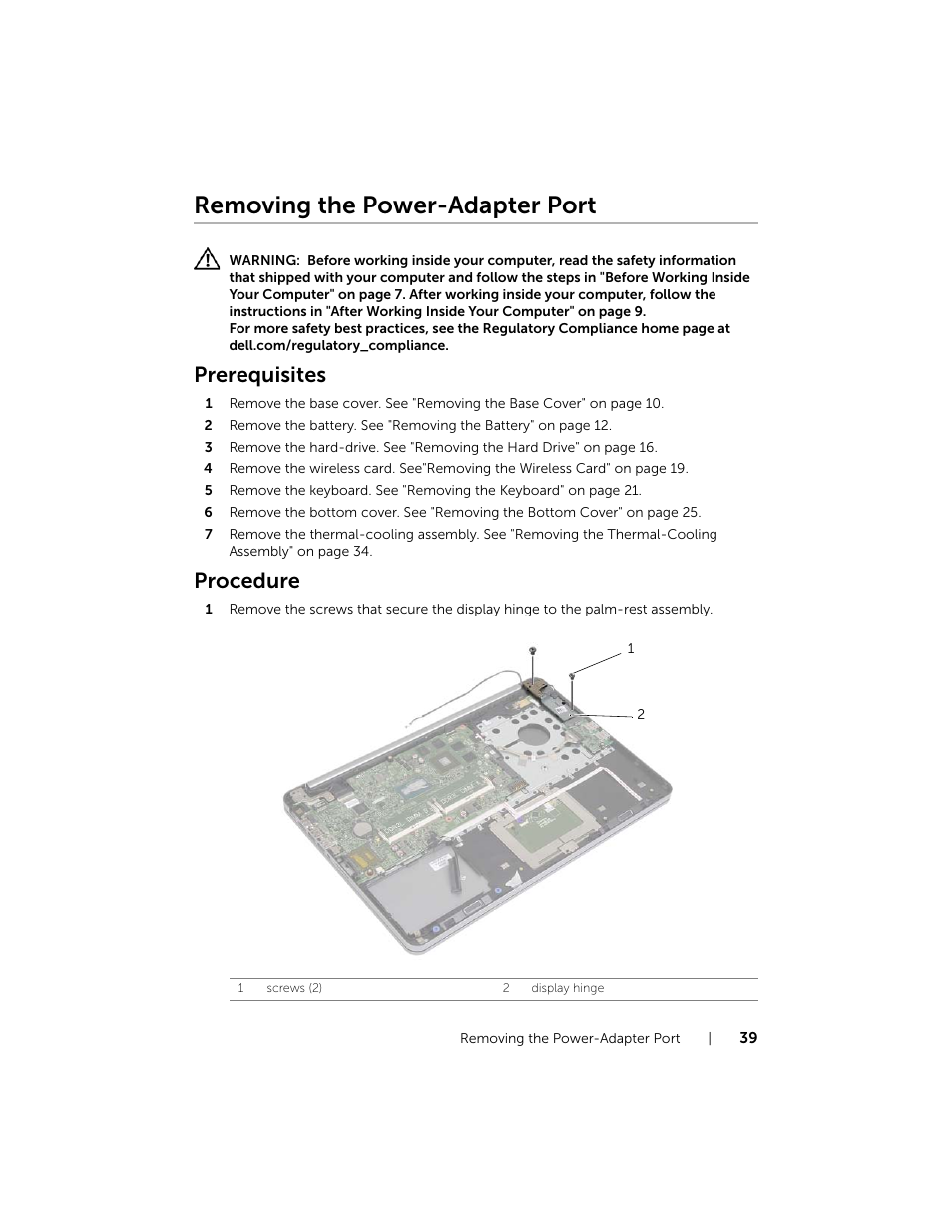 Removing the power-adapter port, Prerequisites, Procedure | Dell Inspiron 15 (7537, Mid 2013) User Manual | Page 39 / 71