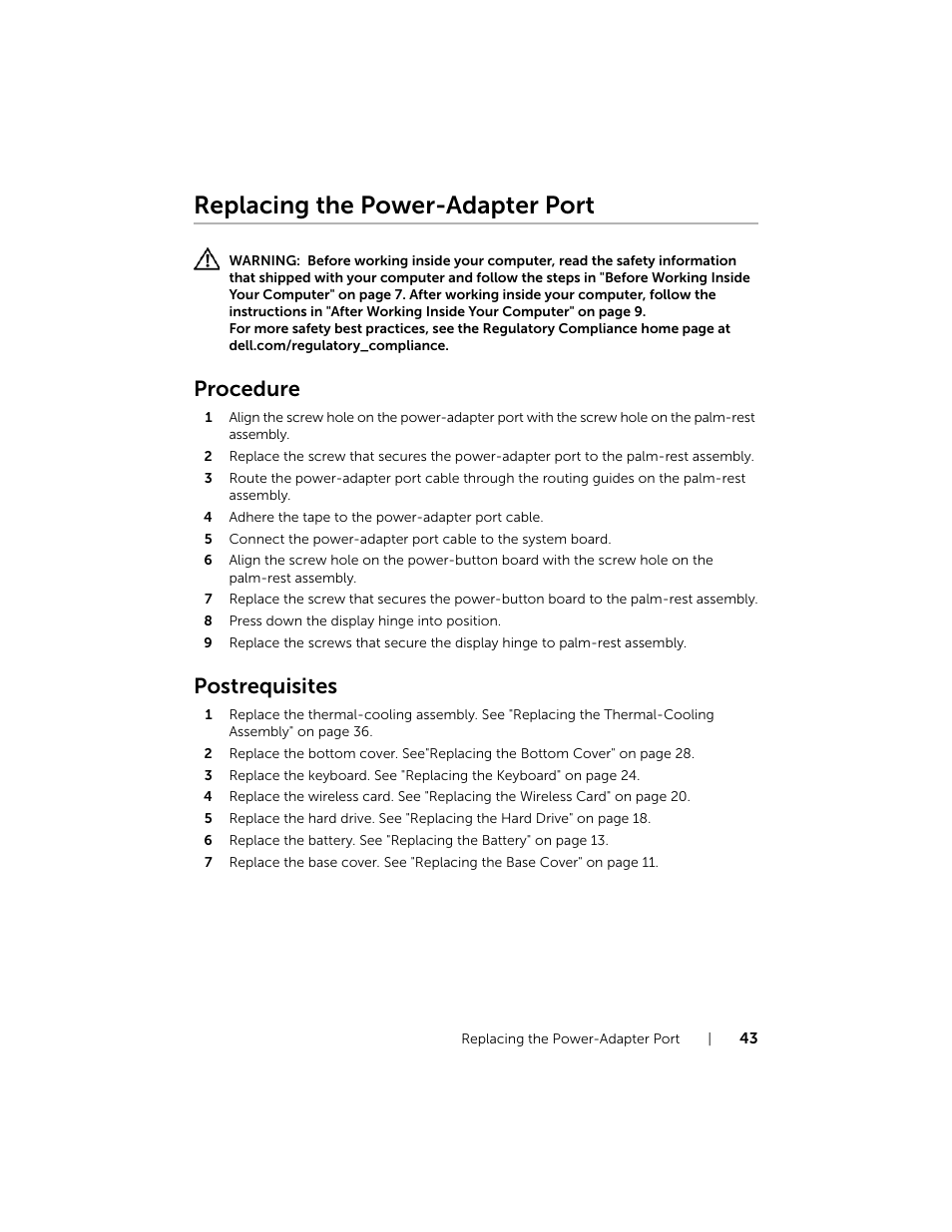 Replacing the power-adapter port, Procedure, Postrequisites | Dell Inspiron 15 (7537, Mid 2013) User Manual | Page 43 / 71