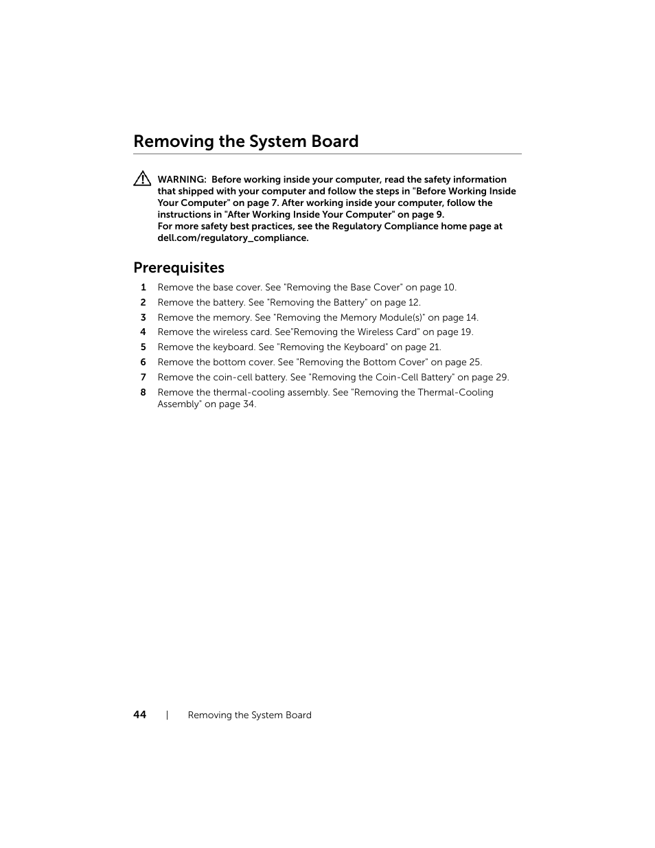 Removing the system board, Prerequisites | Dell Inspiron 15 (7537, Mid 2013) User Manual | Page 44 / 71