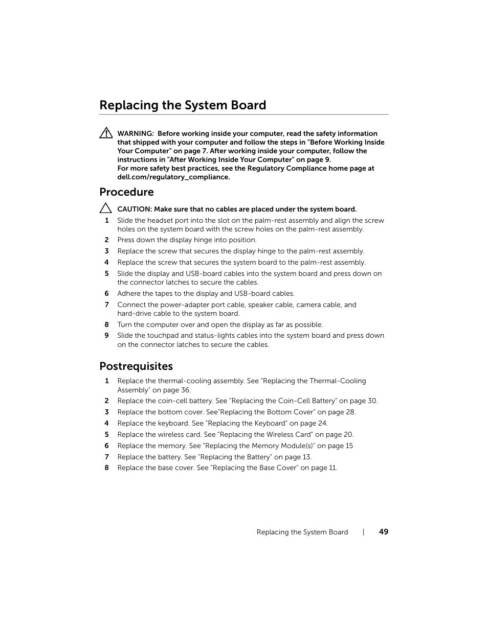 Replacing the system board, Procedure, Postrequisites | Dell Inspiron 15 (7537, Mid 2013) User Manual | Page 49 / 71