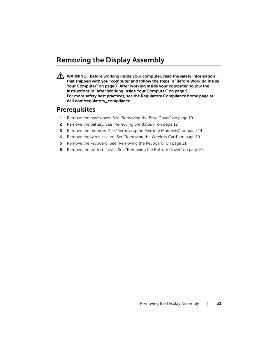 Removing the display assembly, Prerequisites | Dell Inspiron 15 (7537, Mid 2013) User Manual | Page 51 / 71