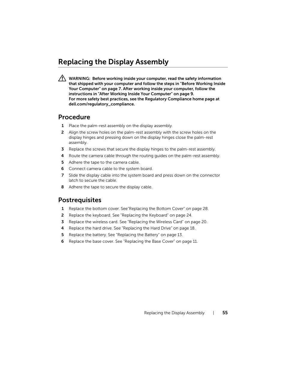 Replacing the display assembly, Procedure, Postrequisites | Dell Inspiron 15 (7537, Mid 2013) User Manual | Page 55 / 71