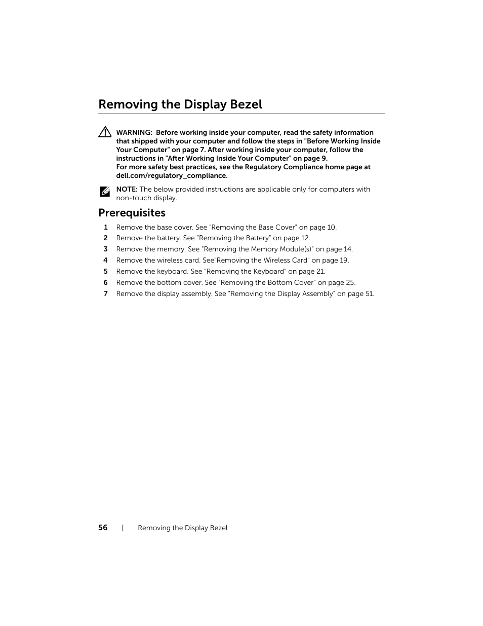 Removing the display bezel, Prerequisites | Dell Inspiron 15 (7537, Mid 2013) User Manual | Page 56 / 71