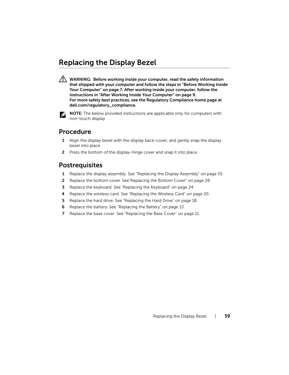 Replacing the display bezel, Procedure, Postrequisites | Dell Inspiron 15 (7537, Mid 2013) User Manual | Page 59 / 71