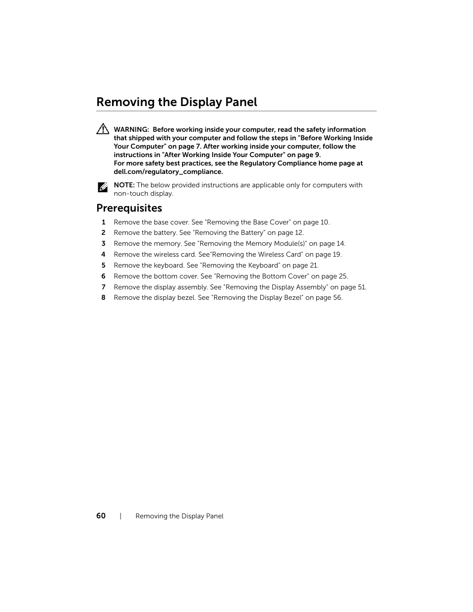 Removing the display panel, Prerequisites | Dell Inspiron 15 (7537, Mid 2013) User Manual | Page 60 / 71