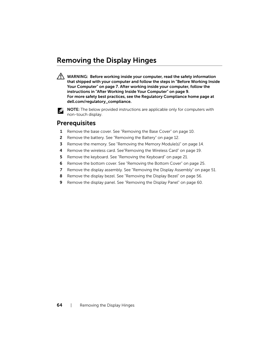 Removing the display hinges, Prerequisites | Dell Inspiron 15 (7537, Mid 2013) User Manual | Page 64 / 71