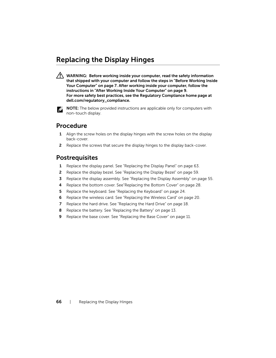 Replacing the display hinges, Procedure, Postrequisites | Dell Inspiron 15 (7537, Mid 2013) User Manual | Page 66 / 71