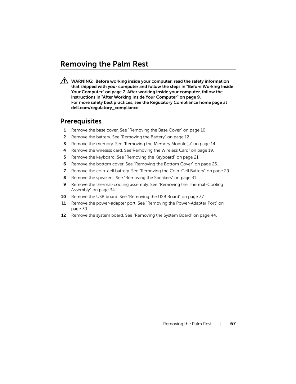 Removing the palm rest, Prerequisites | Dell Inspiron 15 (7537, Mid 2013) User Manual | Page 67 / 71