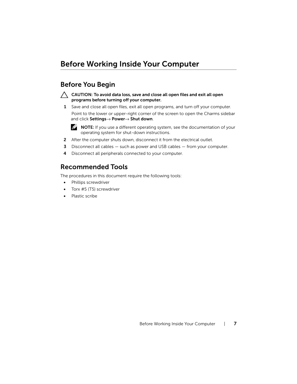 Before working inside your computer, Before you begin, Recommended tools | Dell Inspiron 15 (7537, Mid 2013) User Manual | Page 7 / 71