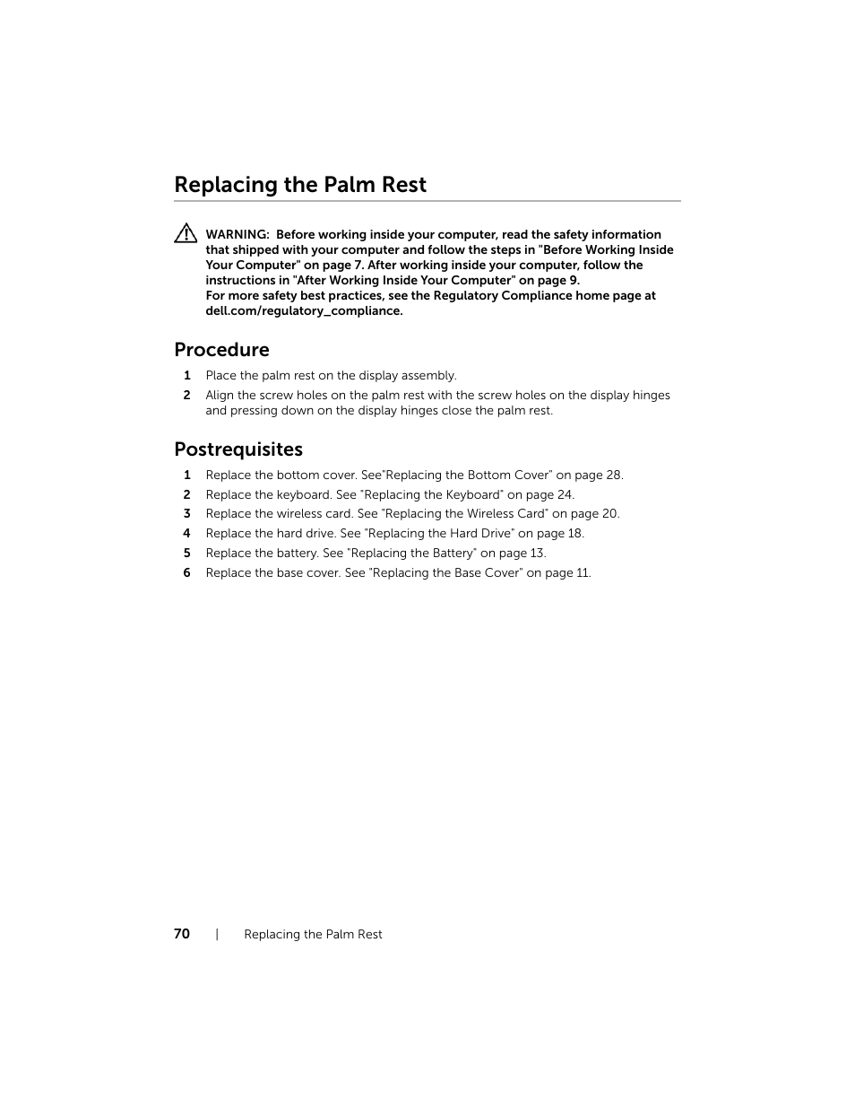 Replacing the palm rest, Procedure, Postrequisites | Dell Inspiron 15 (7537, Mid 2013) User Manual | Page 70 / 71