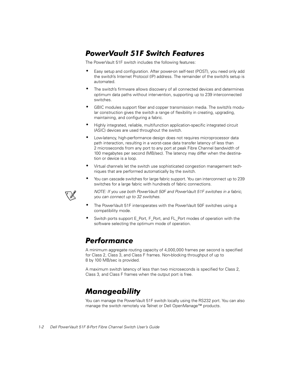 Powervault 51f switch features, Performance, Manageability | Powervault 51f switch features -2, Performance -2, Manageability -2 | Dell PowerVault 50F (Fibre Channel Switch) User Manual | Page 22 / 53