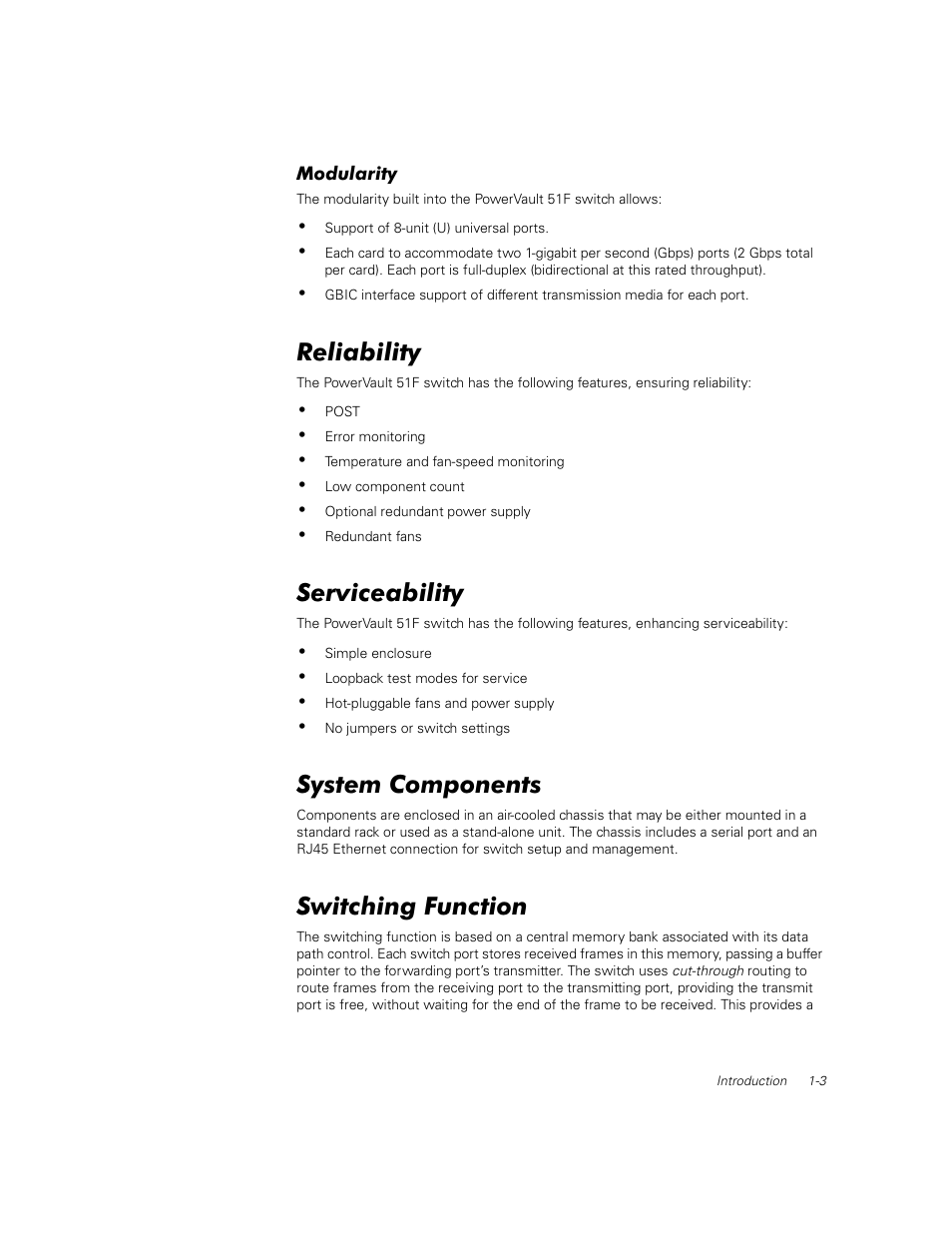 Modularity, Reliability, Serviceability | System components, Switching function, Modularity -3, Reliability -3, Serviceability -3, System components -3, Switching function -3 | Dell PowerVault 50F (Fibre Channel Switch) User Manual | Page 23 / 53