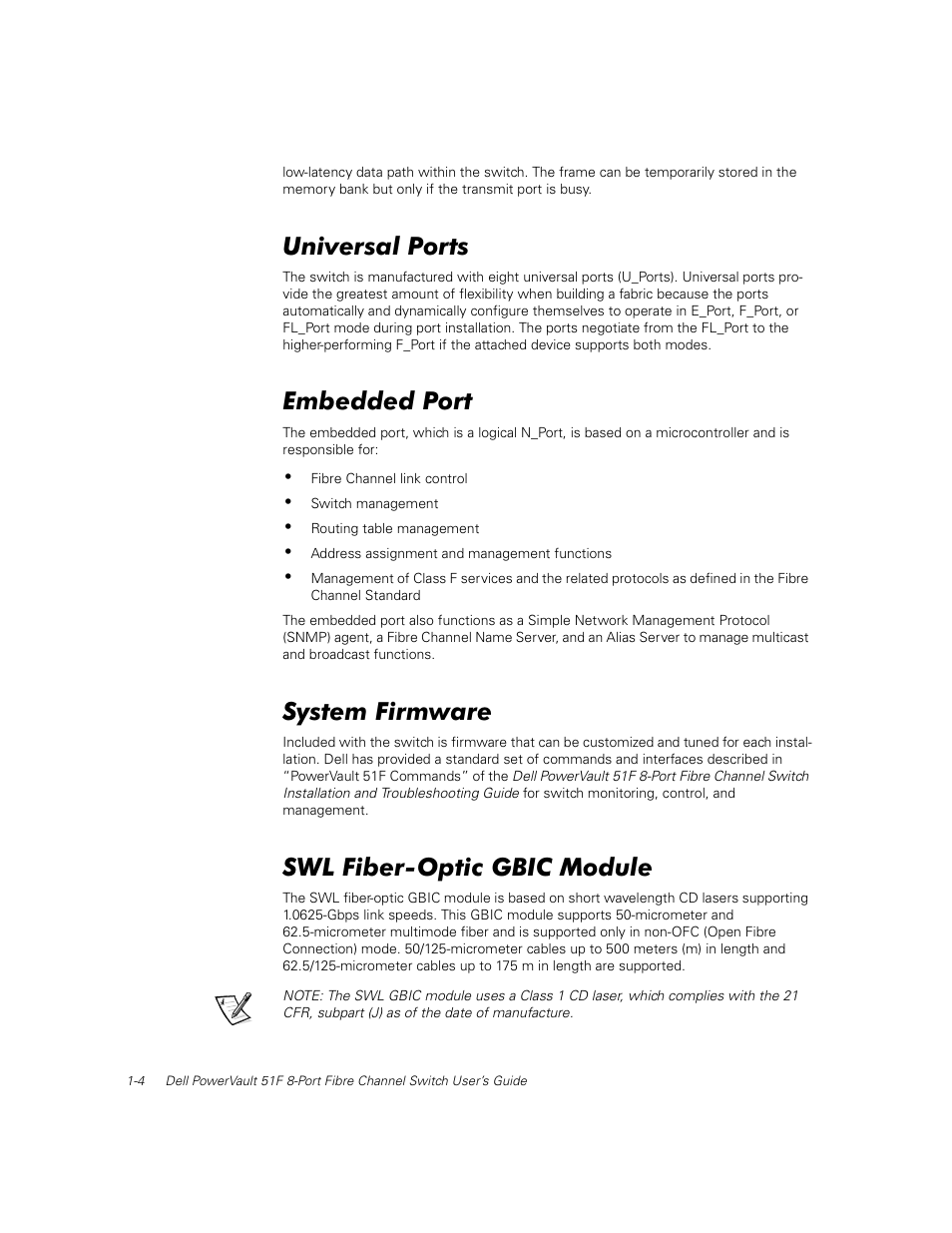 Universal ports, Embedded port, System firmware | Swl fiber-optic gbic module, Universal ports -4, Embedded port -4, System firmware -4, Swl fiber-optic gbic module -4 | Dell PowerVault 50F (Fibre Channel Switch) User Manual | Page 24 / 53