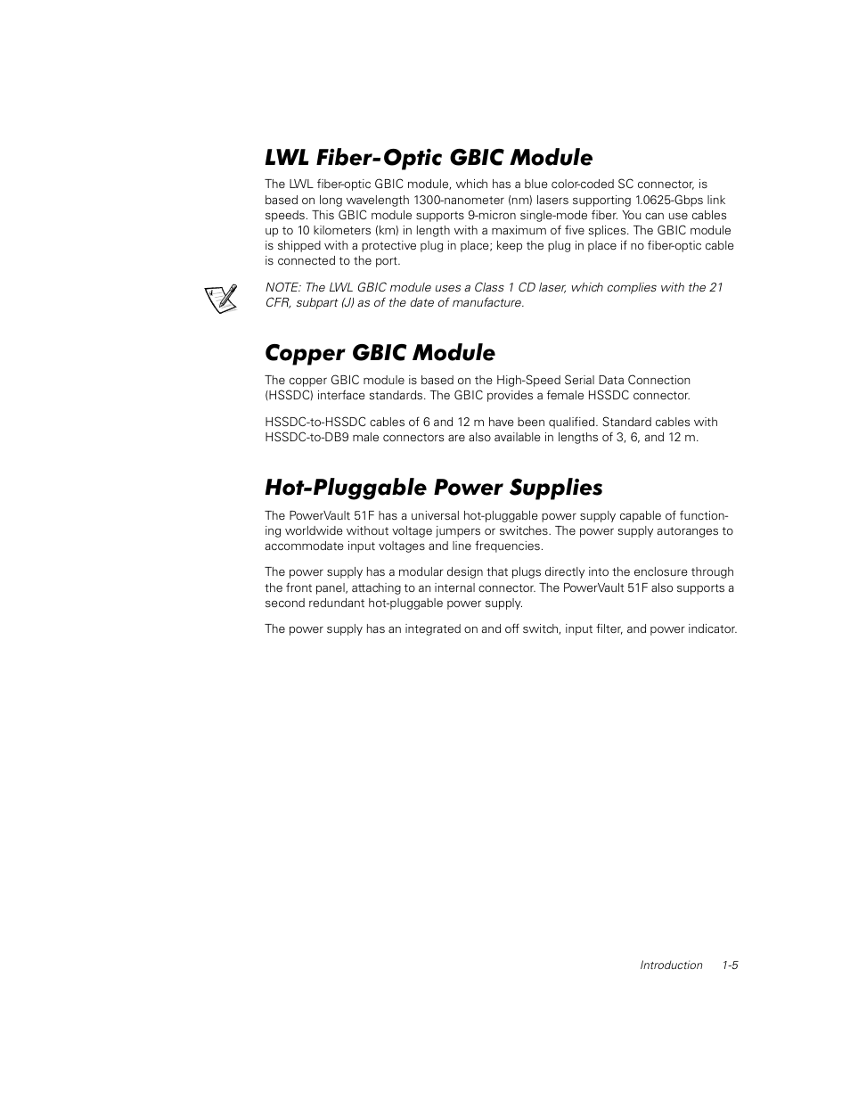 Lwl fiber-optic gbic module, Copper gbic module, Hot-pluggable power supplies | Lwl fiber-optic gbic module -5, Copper gbic module -5, Hot-pluggable power supplies -5 | Dell PowerVault 50F (Fibre Channel Switch) User Manual | Page 25 / 53