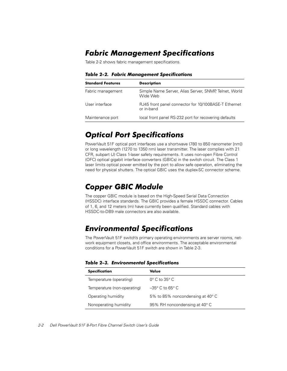 Fabric management specifications, Optical port specifications, Copper gbic module | Environmental specifications, Fabric management specifications -2, Optical port specifications -2, Copper gbic module -2, Environmental specifications -2, Table 2-2, Table 2-3 | Dell PowerVault 50F (Fibre Channel Switch) User Manual | Page 28 / 53