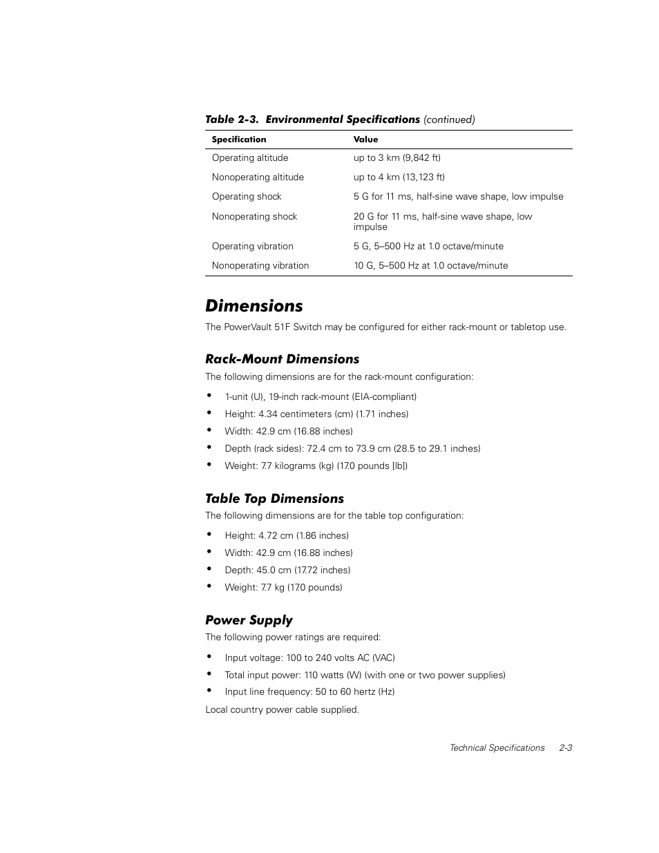 Dimensions, Rack-mount dimensions, Table top dimensions | Power supply, Dimensions -3, Rack-mount dimensions -3, Table top dimensions -3, Power supply -3 | Dell PowerVault 50F (Fibre Channel Switch) User Manual | Page 29 / 53