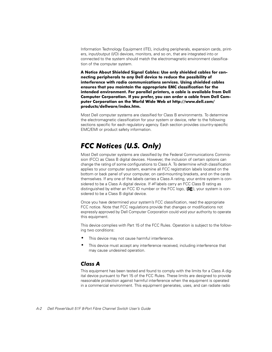 Fcc notices (u.s. only), Class a | Dell PowerVault 50F (Fibre Channel Switch) User Manual | Page 32 / 53