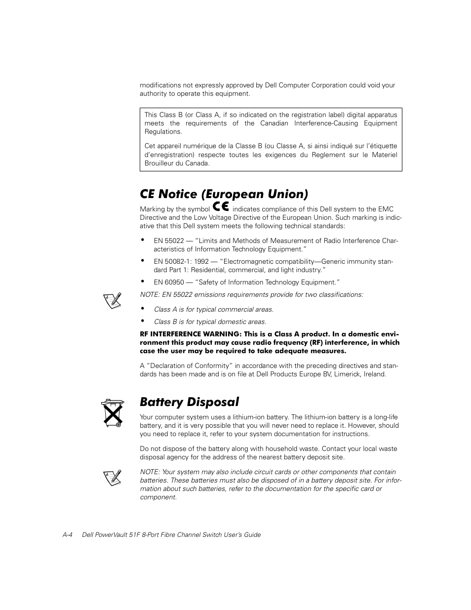 Ce notice (european union), Battery disposal | Dell PowerVault 50F (Fibre Channel Switch) User Manual | Page 34 / 53