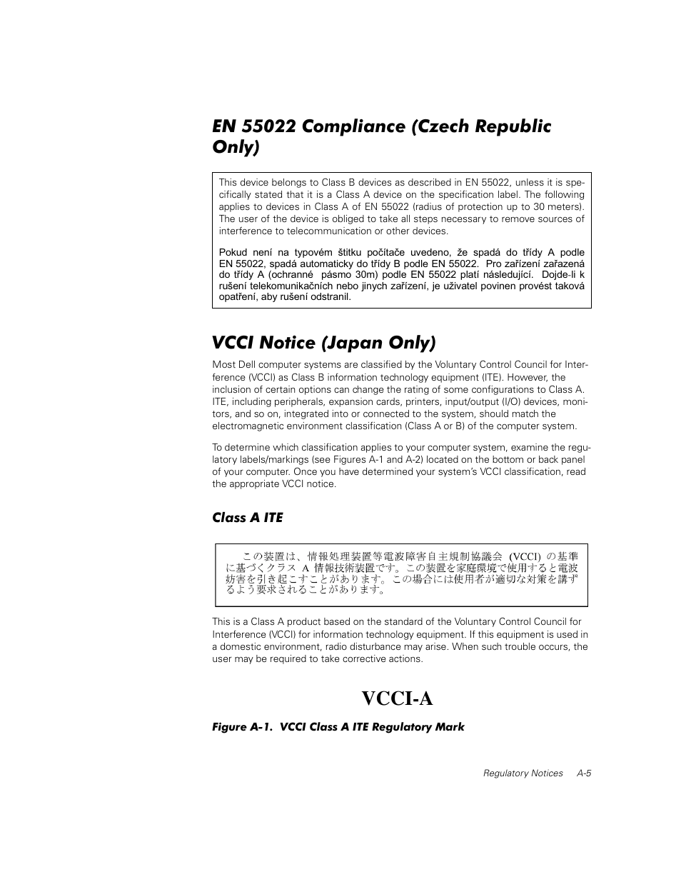 En 55022 compliance (czech republic only), Vcci notice (japan only), Class a ite | Figure a-1, Vcci-a | Dell PowerVault 50F (Fibre Channel Switch) User Manual | Page 35 / 53