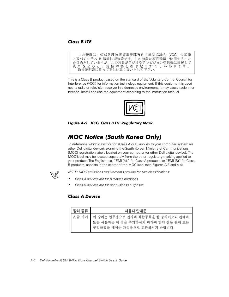 Class b ite, Moc notice (south korea only), Class a device | Figure a-2 | Dell PowerVault 50F (Fibre Channel Switch) User Manual | Page 36 / 53