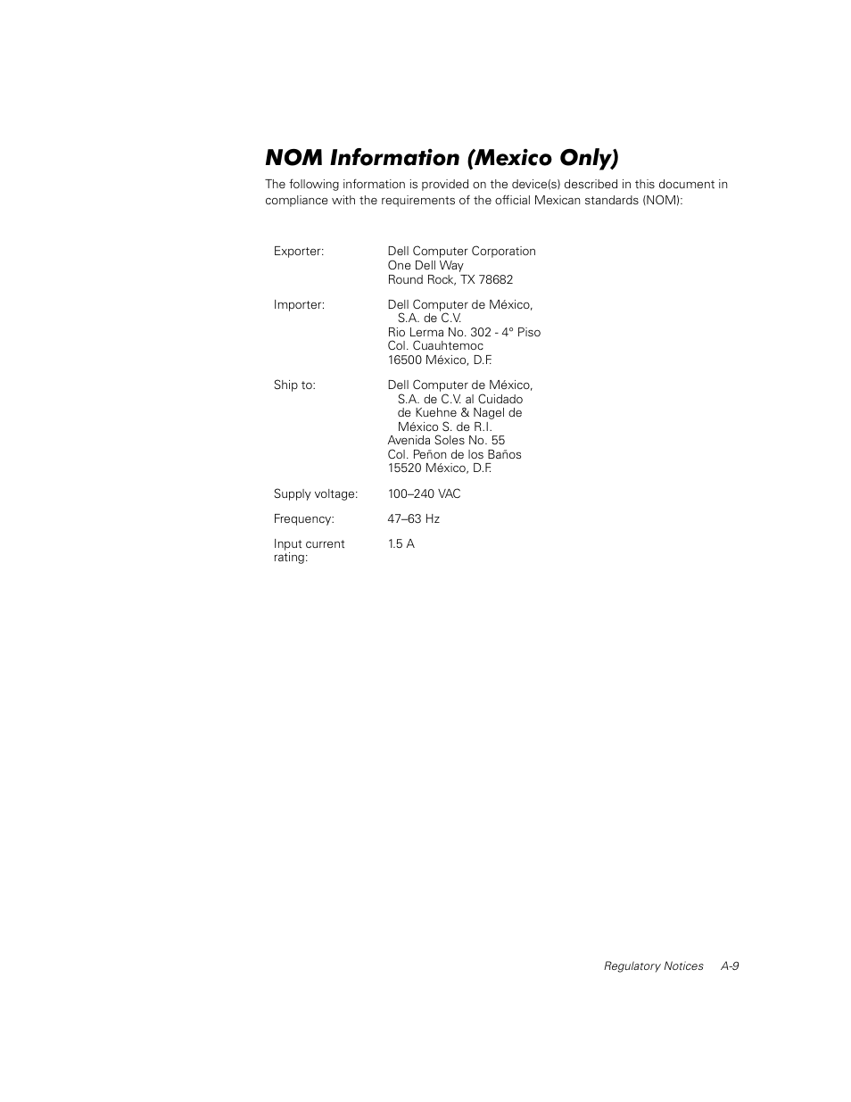 Nom information (mexico only) | Dell PowerVault 50F (Fibre Channel Switch) User Manual | Page 39 / 53