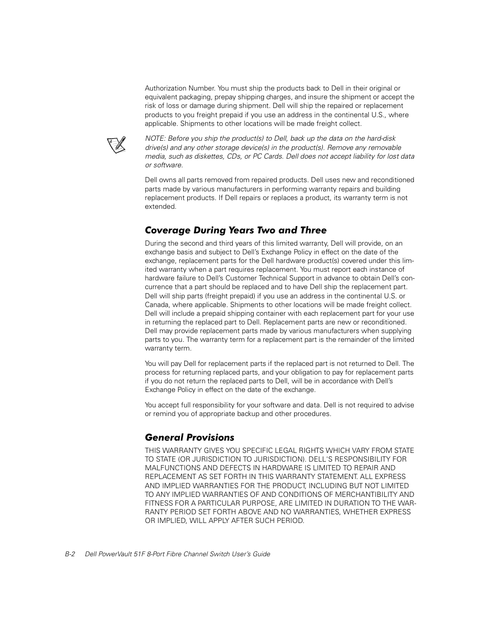 Coverage during years two and three, General provisions | Dell PowerVault 50F (Fibre Channel Switch) User Manual | Page 42 / 53