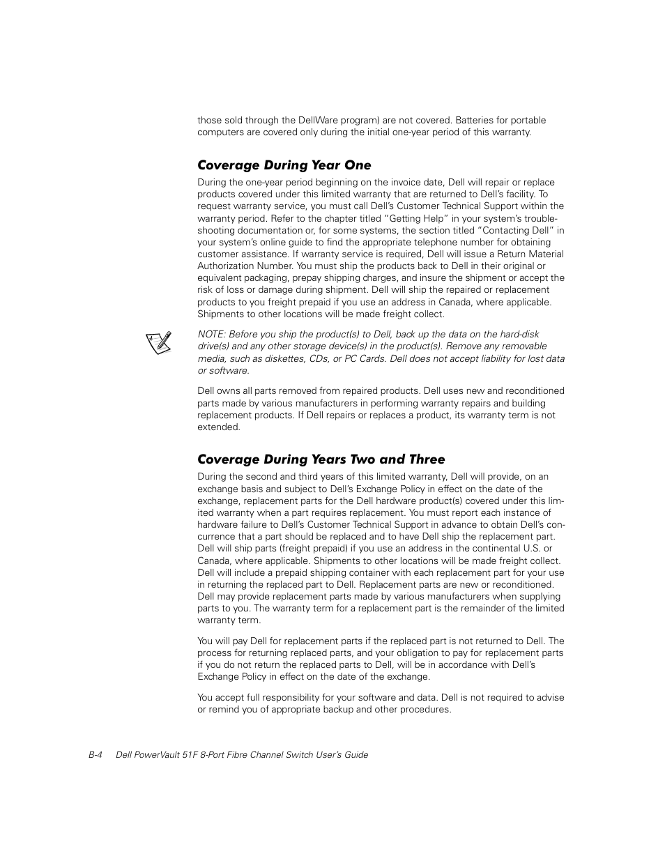 Coverage during year one, Coverage during years two and three | Dell PowerVault 50F (Fibre Channel Switch) User Manual | Page 44 / 53