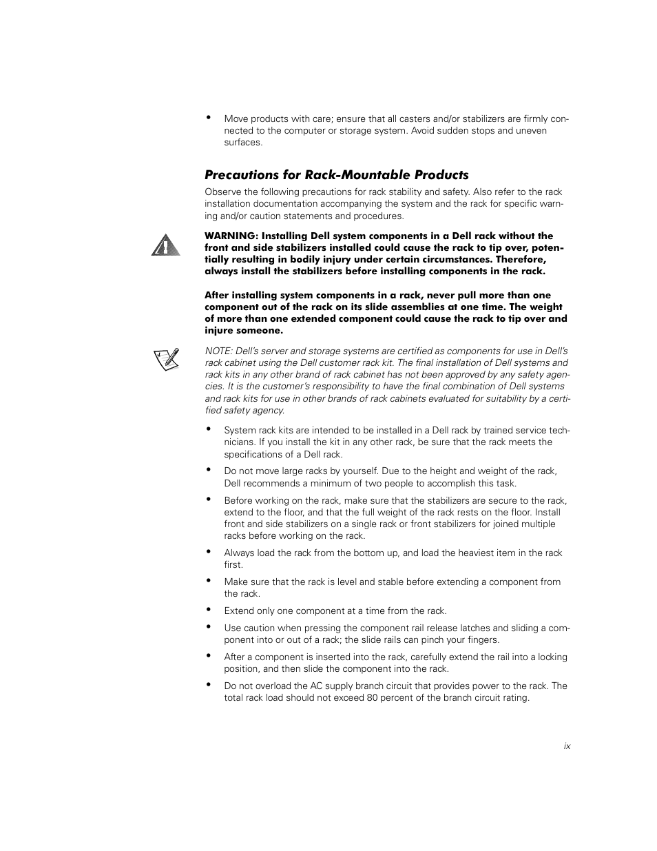 Precautions for rack-mountable products | Dell PowerVault 50F (Fibre Channel Switch) User Manual | Page 7 / 53