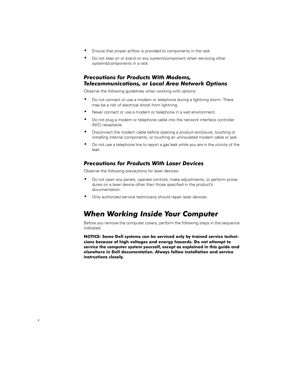 Precautions for products with laser devices, When working inside your computer | Dell PowerVault 50F (Fibre Channel Switch) User Manual | Page 8 / 53