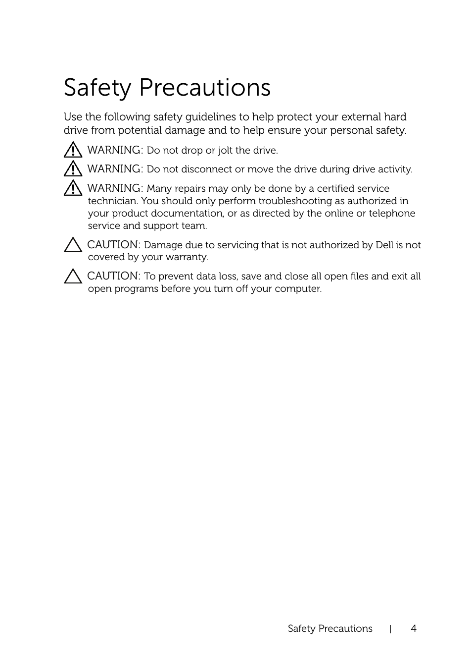 Safety precautions | Dell Portable Backup Hard Drive User Manual | Page 4 / 13