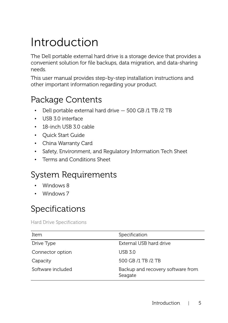 Introduction, Package contents, System requirements | Specifications | Dell Portable Backup Hard Drive User Manual | Page 5 / 13