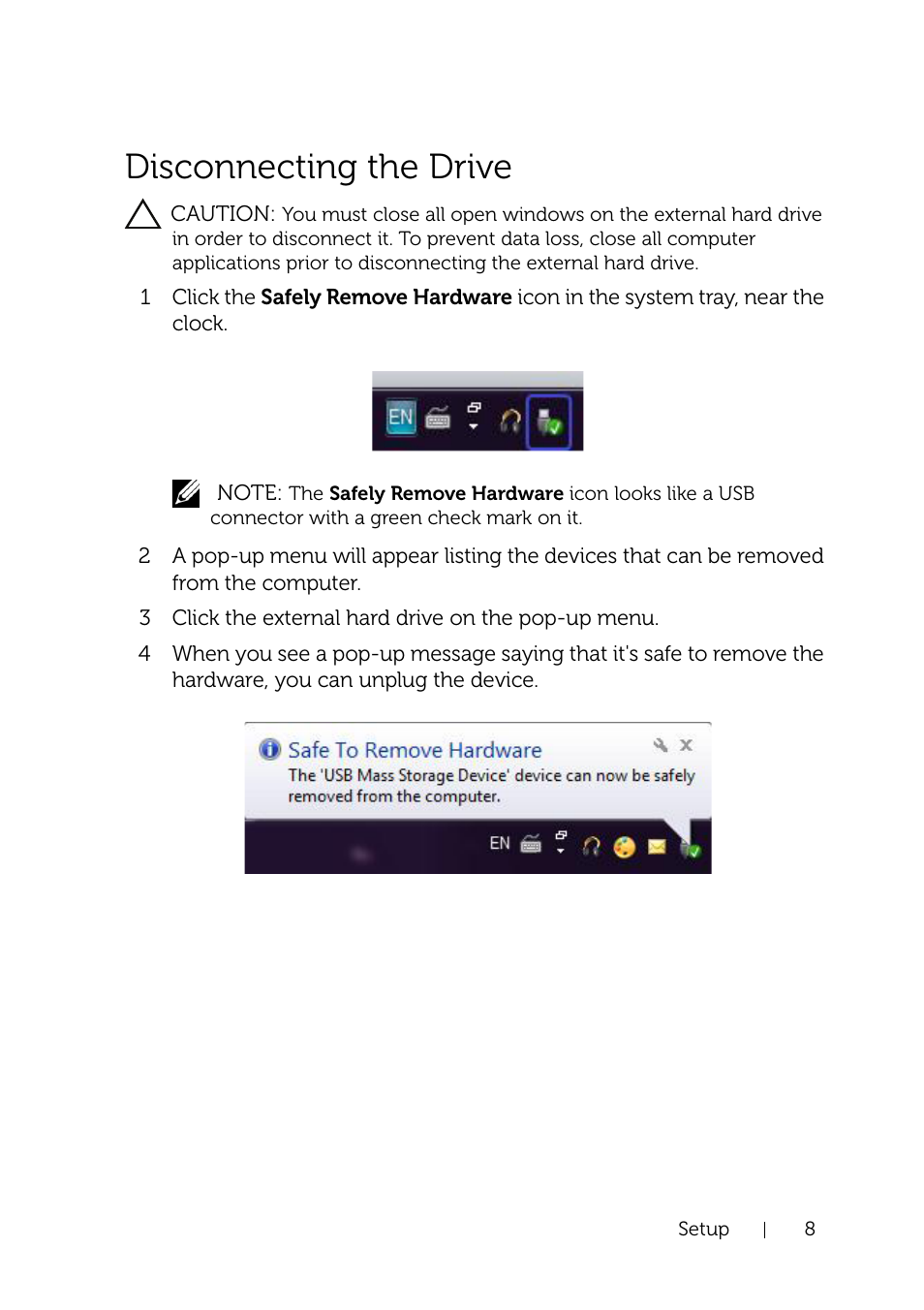 Disconnecting the drive | Dell Portable Backup Hard Drive User Manual | Page 8 / 13