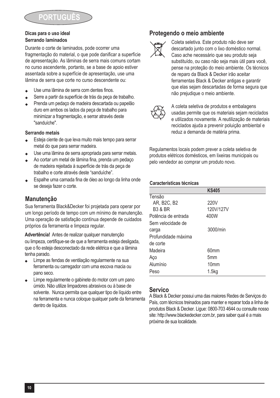 Português | Black & Decker KS405 User Manual | Page 10 / 14